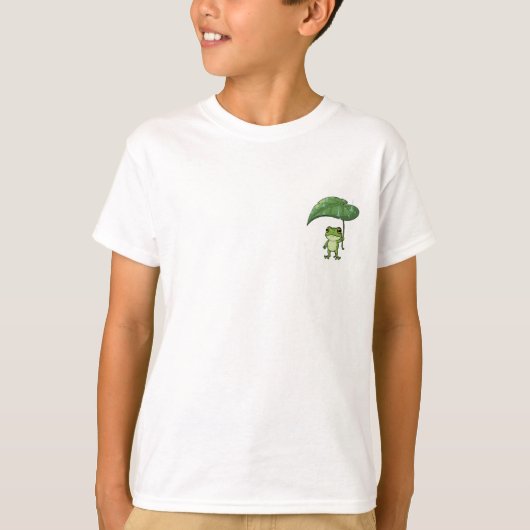 雨の日の葉っぱ傘 カエル 子供 Tシャツ (正面)