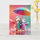 雨の日の誕生日のあひる カード (黄色い花)