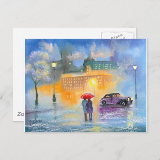 雨の日の赤い傘のロマンチックなカップル歩く ポストカード (正面/裏面)