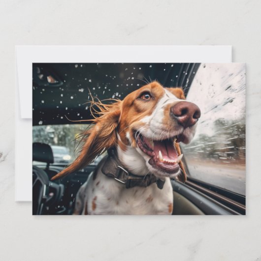 雨の日の車の中の興奮した犬 アートプリント カード (正面)