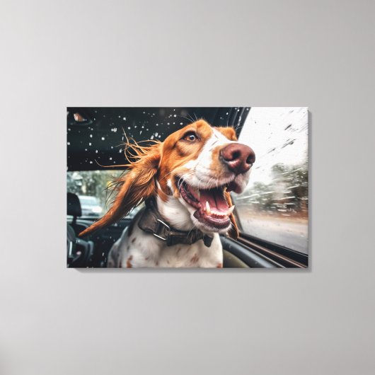 雨の日の車の中の興奮した犬 アートプリント キャンバスプリント (正面)