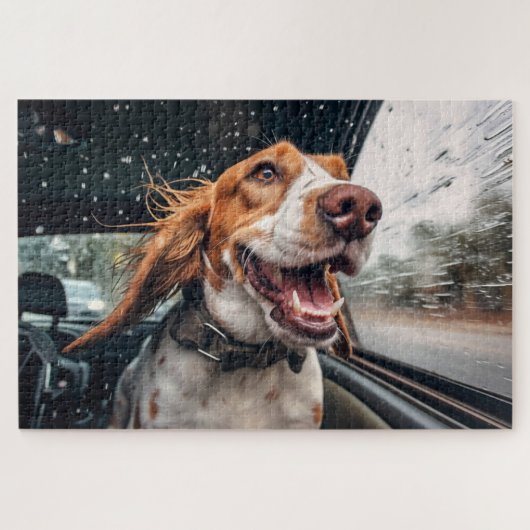 雨の日の車の中の興奮した犬 アートプリント ジグソーパズル (横)