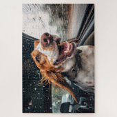 雨の日の車の中の興奮した犬 アートプリント ジグソーパズル (縦)