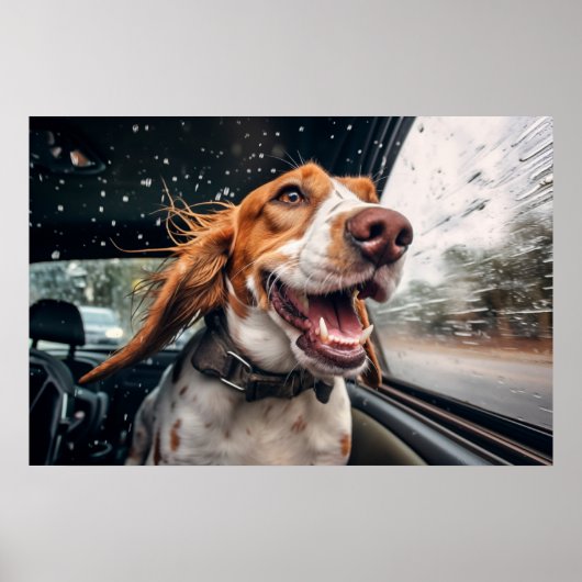 雨の日の車の中の興奮した犬 アートプリント ポスター (正面)