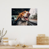 雨の日の車の中の興奮した犬 アートプリント ポスター (キッチン)