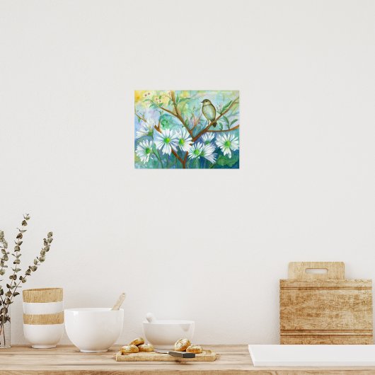 雨の日の鳥のデイジーフラワーガーデンウォーター色 ポスター (キッチン)