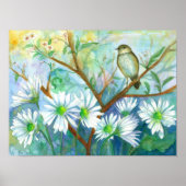 雨の日の鳥のデイジーフラワーガーデンウォーター色 ポスター (正面)
