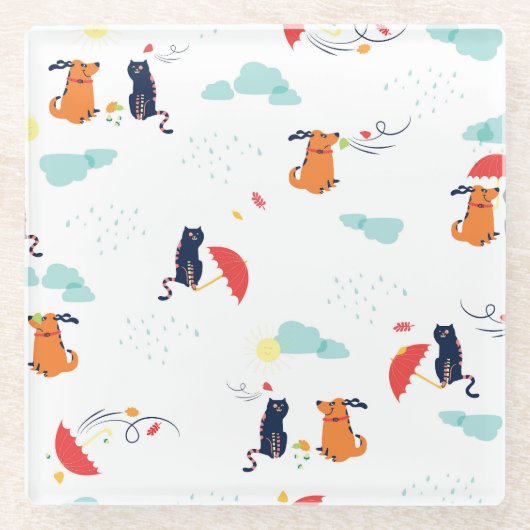 雨の日フレンド: 猫犬ヴィンテージ ガラスコースター (正面)