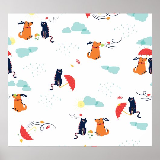 雨の日フレンド: 猫犬ヴィンテージ ポスター (正面)