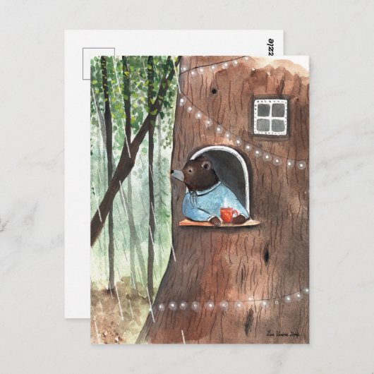 雨の日ベアーデイドリームティータイムイラストレーション ポストカード (正面/裏面)