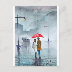 雨の日ロマンチックなカップル赤い傘の絵 ポストカード