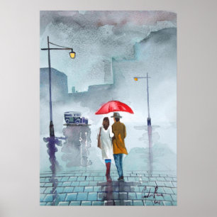 雨の日ロマンチックなカップル赤い絵画傘 ポスター