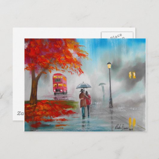 雨の日秋の赤いバスの傘絵画の ポストカード (正面/裏面)