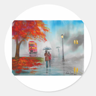 雨の日秋の赤いバスの傘絵画の ラウンドシール