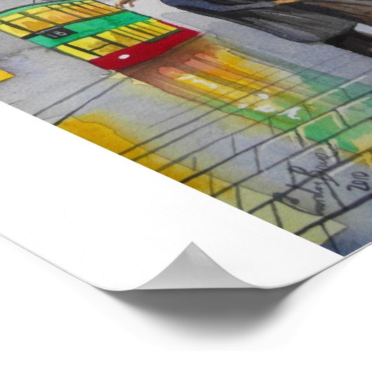 雨の日赤い傘のトラム通り絵画シーン ポスター (角)