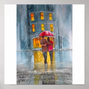 雨の日赤い傘の通り絵画シーン ポスター