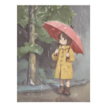 雨の森の赤い傘の少女