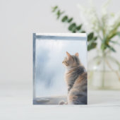 雨の窓辺の水彩タビー猫 ポストカード (スタンド正面)