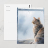 雨の窓辺の水彩タビー猫 ポストカード (正面/裏面)