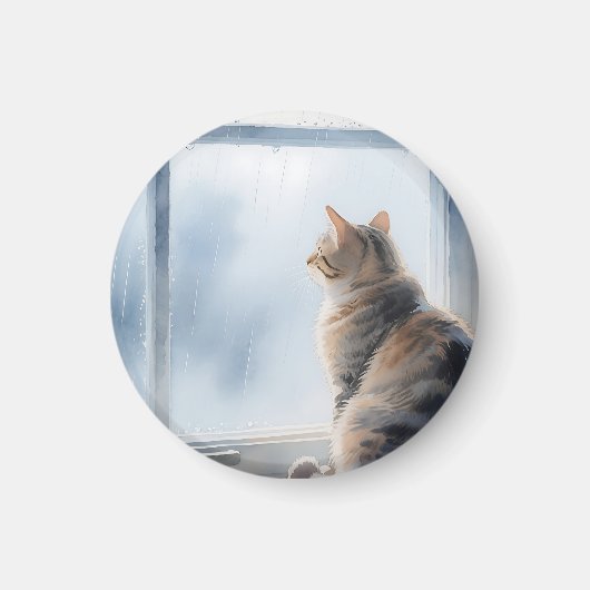 雨の窓辺の水彩タビー猫 マグネット (正面)