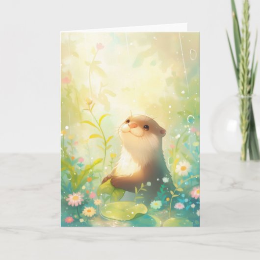 雨の花畑で楽しむカワウソ カード (正面)