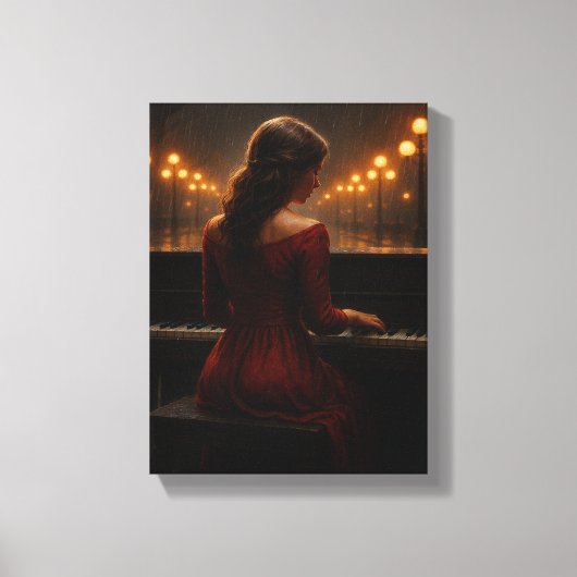 雨の遊夜の女のピアノ通りシーン キャンバスプリント (正面)