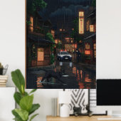 雨の降るネオンの日本風街並み アニメアート 黒猫 ポスター (ホームオフィス)