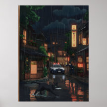 雨の降るネオンの日本風街並み アニメアート 黒猫