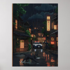 雨の降るネオンの日本風街並み アニメアート 黒猫 ポスター