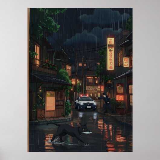 雨の降るネオンの日本風街並み アニメアート 黒猫 ポスター (正面)
