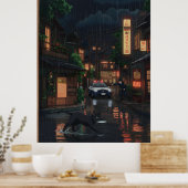 雨の降るネオンの日本風街並み アニメアート 黒猫 ポスター (キッチン)