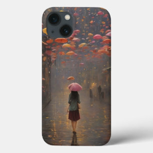 雨の降る場面の少女 iPhone 13ケース