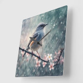 雨の降る窓に入ったブルーバード スクエア壁時計 (傾斜)