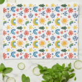 雨カラフルよくはしゃぐ弓と花の模様 キッチンタオル (折り畳み)
