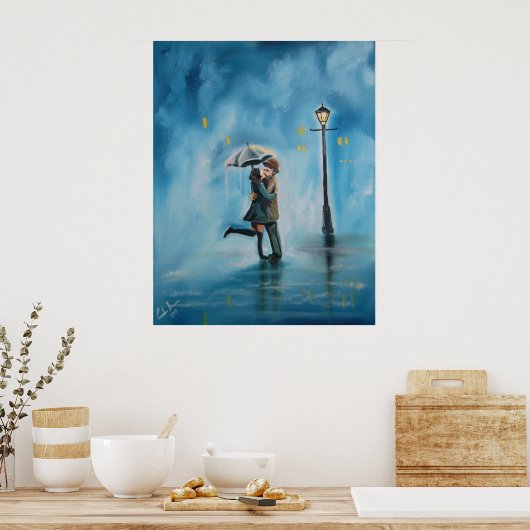 雨キスをするの日の街灯傘 ポスター (キッチン)