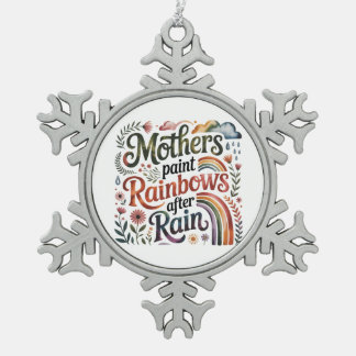 雨上がりに虹を描く母親 スノーフレークピューターオーナメント