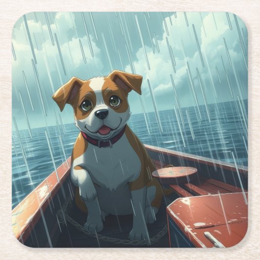 雨中の海のボートに乗る犬 スクエアペーパーコースター (正面)