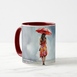 雨傘の中の水の色の女性レッドドレスマグ マグカップ