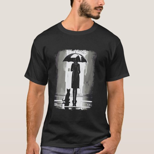 雨傘を持つ女性と猫のビンテージ風カジュアルデザイン Tシャツ (正面)