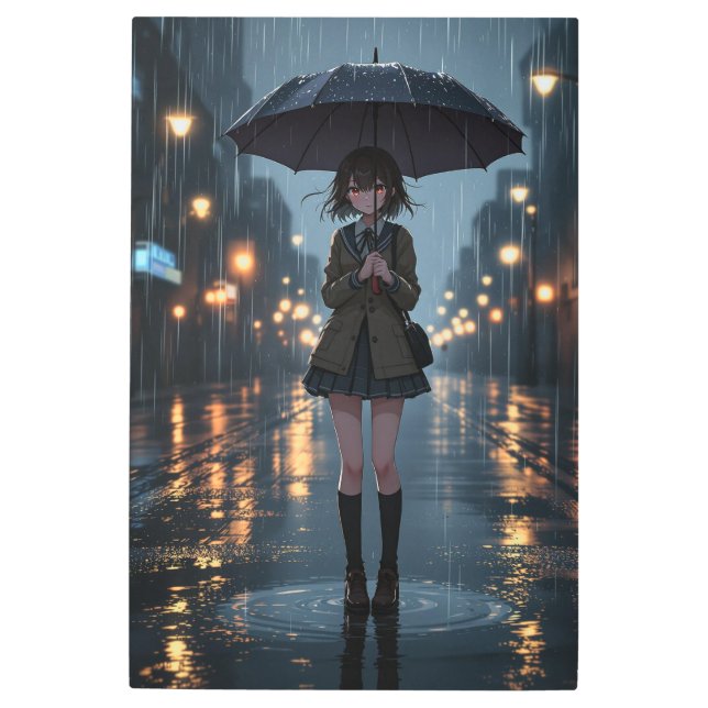 雨天夜用の傘つきアニメガール メタルプリント (正面)