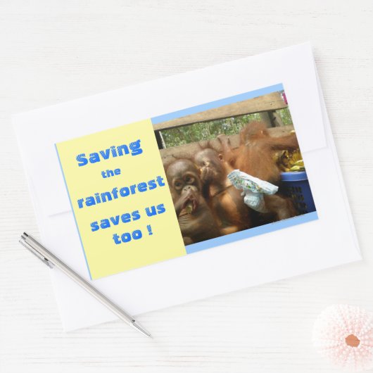 雨救林と可愛いベビーオランウータンス 長方形シール (封筒)