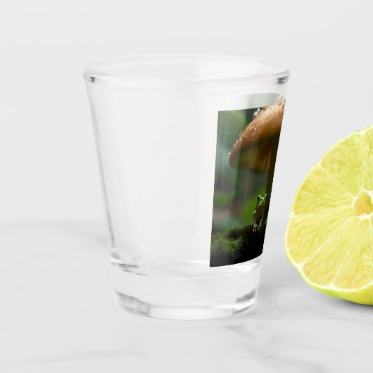 雨日の避難所：キノコの下で保護されたカエル ショットグラス (左)