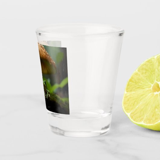 雨日の避難所：キノコの下で保護されたカエル ショットグラス (右)