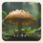 雨日の避難所：キノコの下で保護されたカエル スクエアペーパーコースター (正面)