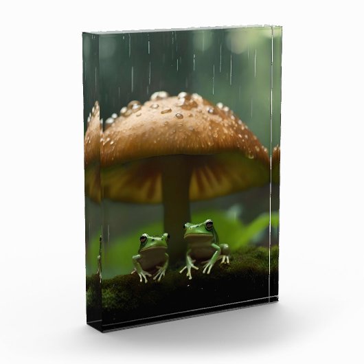 雨日の避難所:キノコの下で保護されたカエル フォトブロック (左)