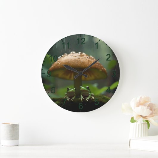 雨日の避難所:キノコの下で保護されたカエル ラージ壁時計 (ホーム)