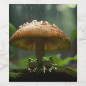 雨日の避難所:キノコの下で保護されたカエル ワインラベル (シングルラベル)