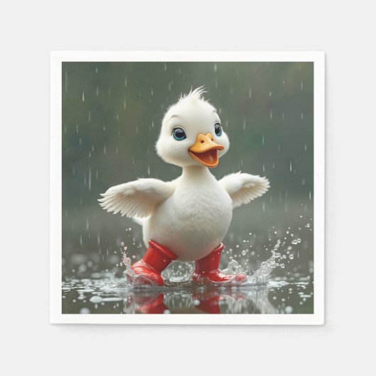 雨水たまりで水しぶきを上げる白いアヒルの子 スタンダードカクテルナプキン (正面)