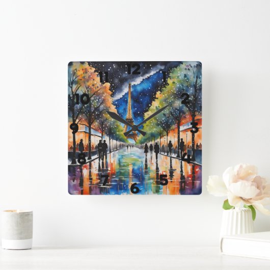 雨水を反射する夜のパリ スクエア壁時計 (ホーム)