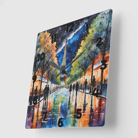 雨水を反射する夜のパリ スクエア壁時計 (傾斜)